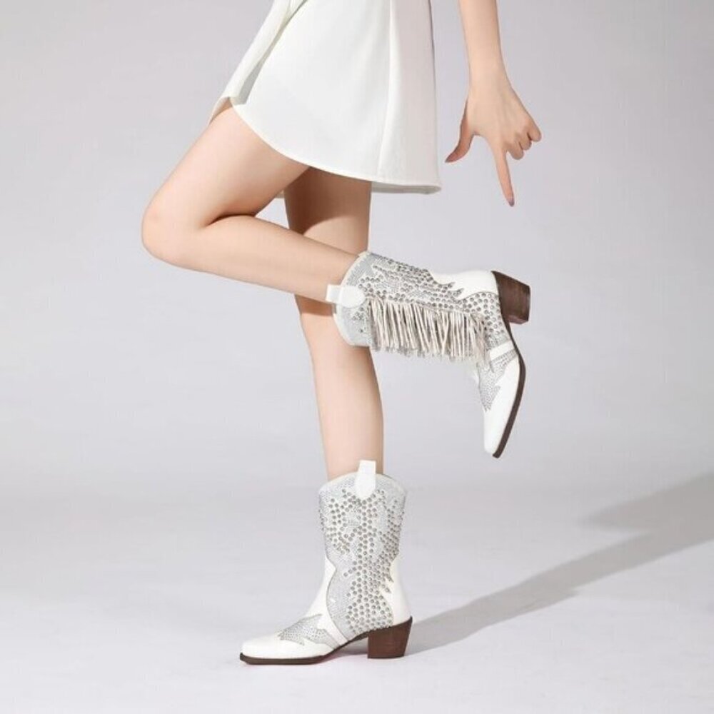 Women Rhinestone Western Boots - Pointed Toe Chunky Heel Ankle Cowgirl Booties - Picture 5 of 6